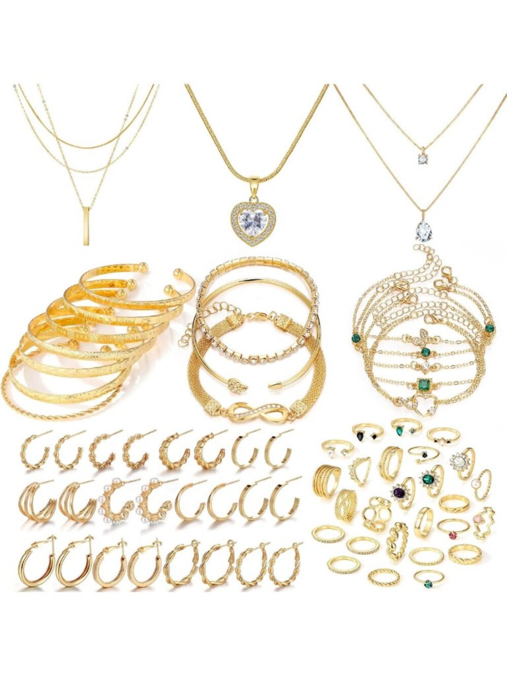 Elegant Gold Plated Jewelry Set for Women - Layered Necklaces, Stackable Bangles